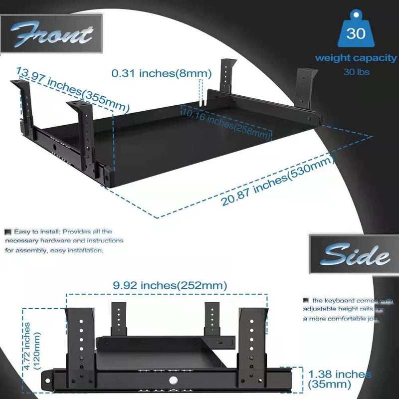 FRMSAET Under Desk Keyboard Tray Heavy-Duty All-Metal Material 20/24/30 inches Platform Computer Drawer Organizer Home Office Kitchen Bedroom Garage Storage Tool - Easy to Install.(20 inches, Black) - Image 3